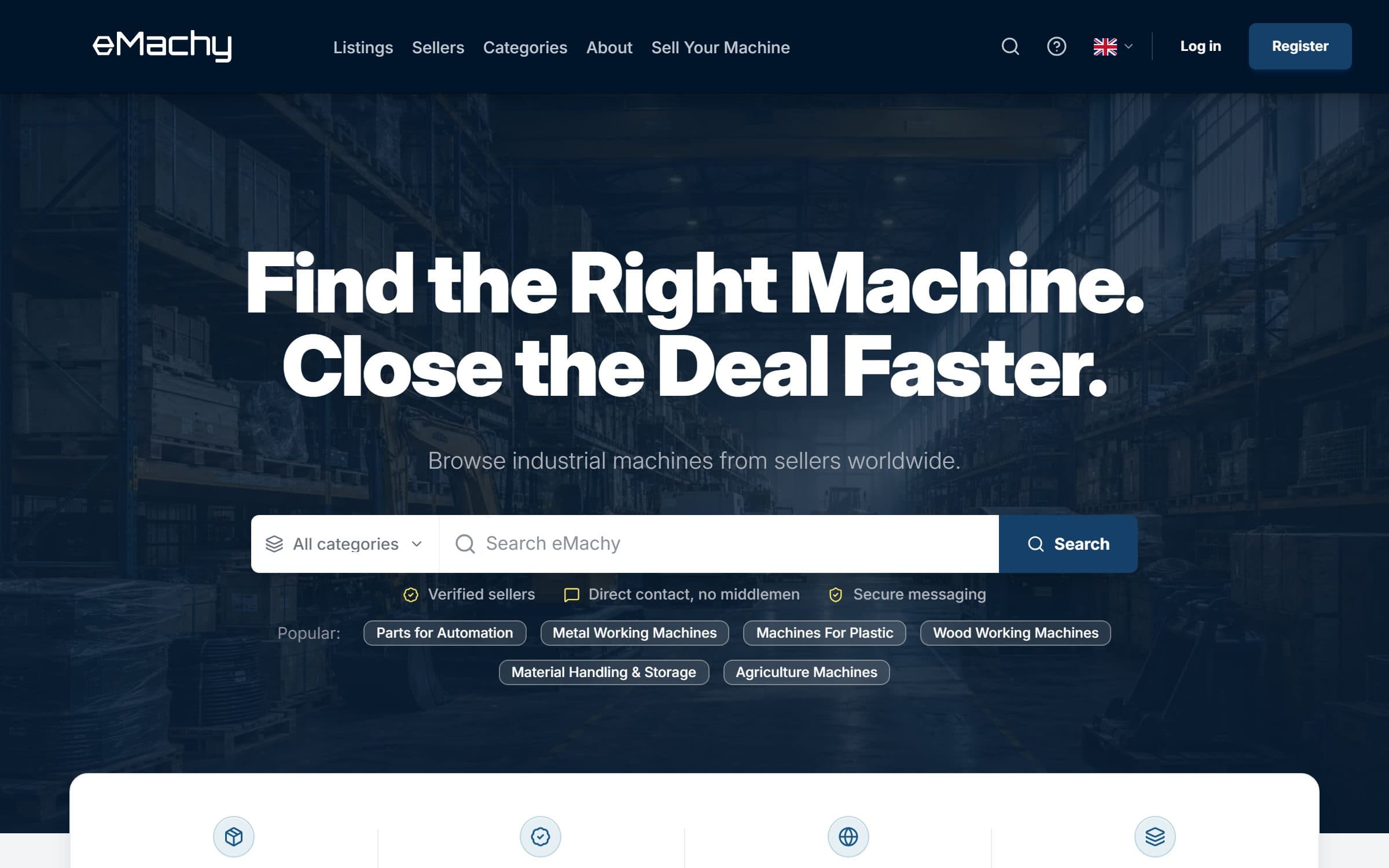 emachy.com homepage with machinery search